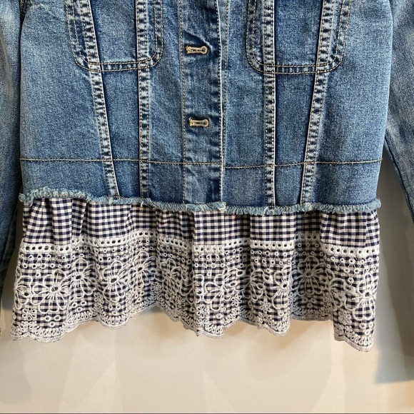 PILCRO & THE LETTERPRESS Sz S Denim Trucker Jacket with Gingham Embroidered - Picture 2 of 10